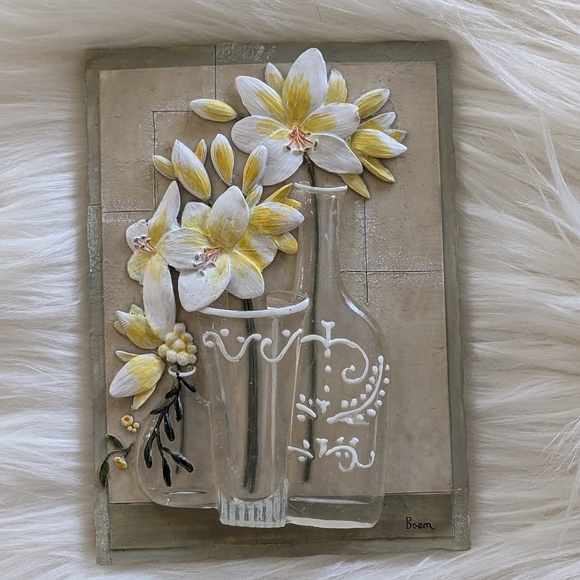 Vintage 3D Wall Art Tile Raised Yellow & White Flowers In Resin Vases Boem - Picture 1 of 2